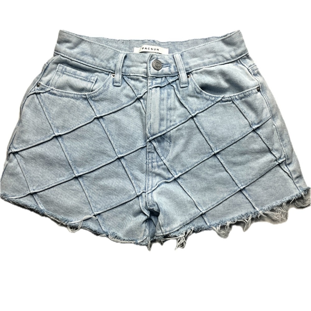PacSun Women's 25 Vintage High Rise Light Wash Crisscross Raw Hem Denim Shorts - Picture 1 of 16